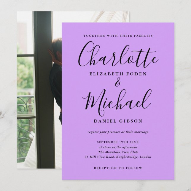 Lilac Signature Script Foto Wedding Einladung (Vorne/Hinten)