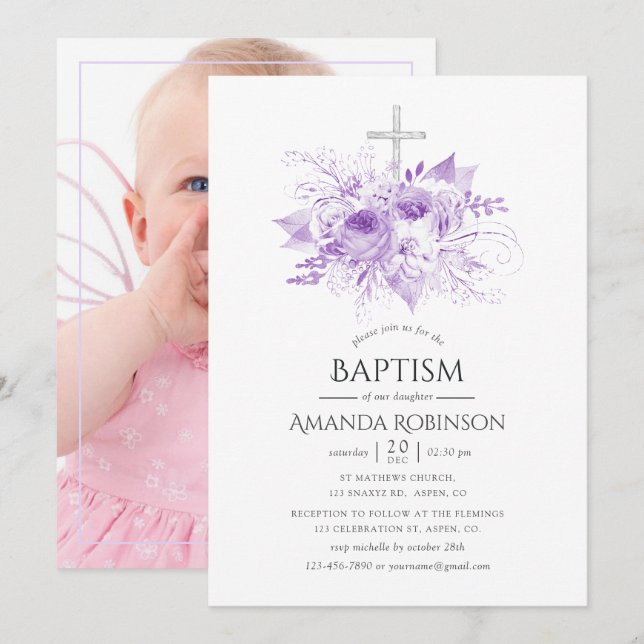 Lilac & Silver Floral Taufe oder Christening Foto Einladung (Vorne/Hinten)