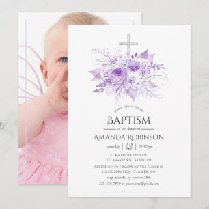 Lilac & Silver Floral Taufe oder Christening Foto Einladung