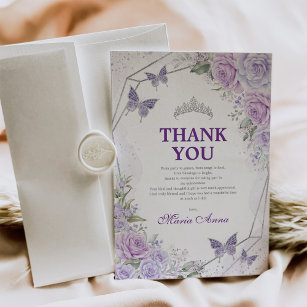Lilac Silver Quinceañera Butterfly Dankeschön Kart Einladung