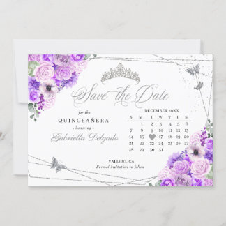 Lilac & Silver Quinceañera Save the Date Einladung