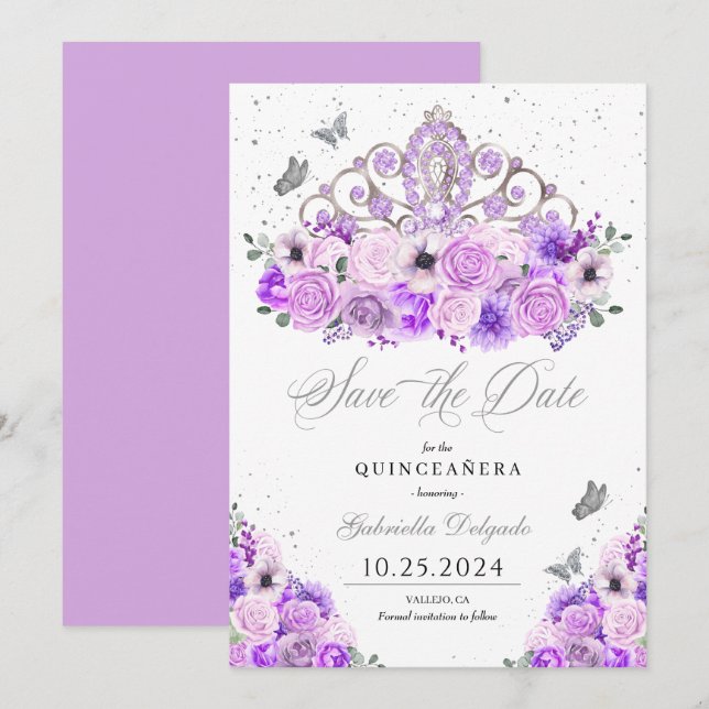 Lilac & Silver Tiara Save the Date Quinceañera Einladung (Vorne/Hinten)