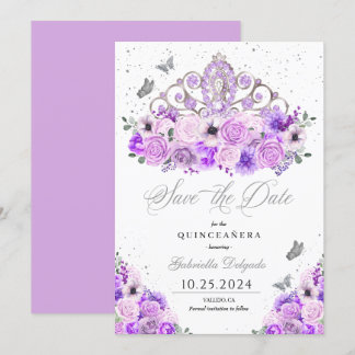 Lilac & Silver Tiara Save the Date Quinceañera Einladung