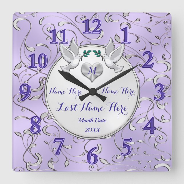 Lilac Silver White Personalized Wedding Wall Clock Quadratische Wanduhr (Vorderseite)