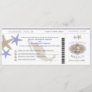 Lilac Starfish Mexico Boarding Pass Wedding Einladung