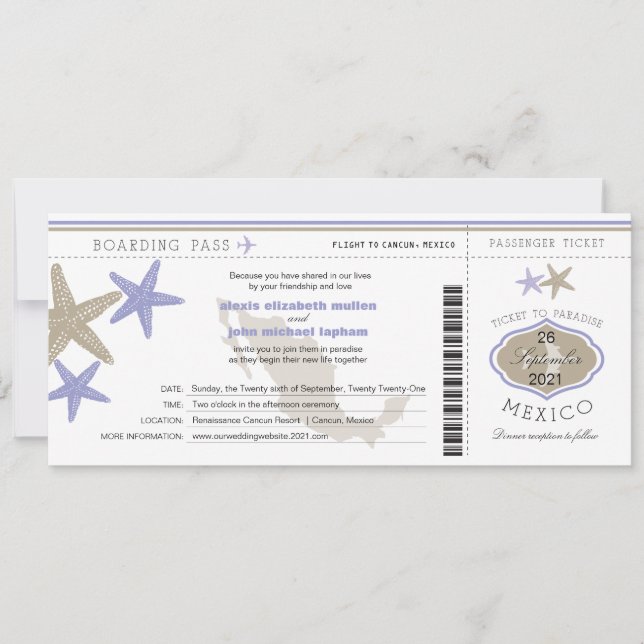 Lilac Starfish Mexico Boarding Pass Wedding Einladung (Vorderseite)