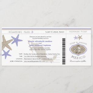 Lilac Starfish Mexico Boarding Pass Wedding Einladung