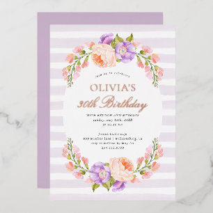 Lilac Stripe und Bloom Birthday Brunch Party Folieneinladung