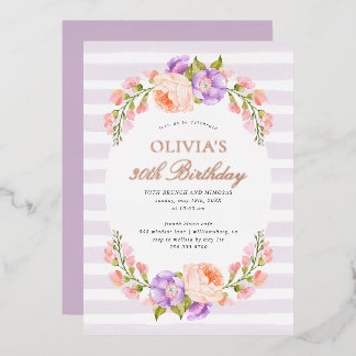 Lilac Stripe und Bloom Birthday Brunch Party Folieneinladung