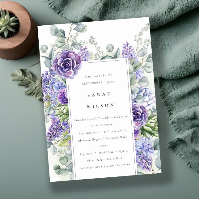 Lilac Succulent Eucalyptus Foliage Baby Showdusche Einladung (Von Creator hochgeladen)