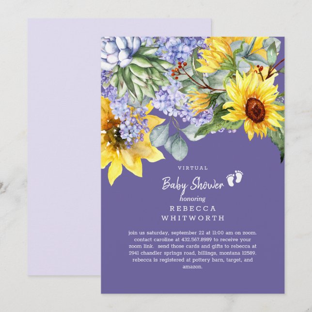 Lilac & Sunflower Virtual Baby Invitation (Devant / Derrière)