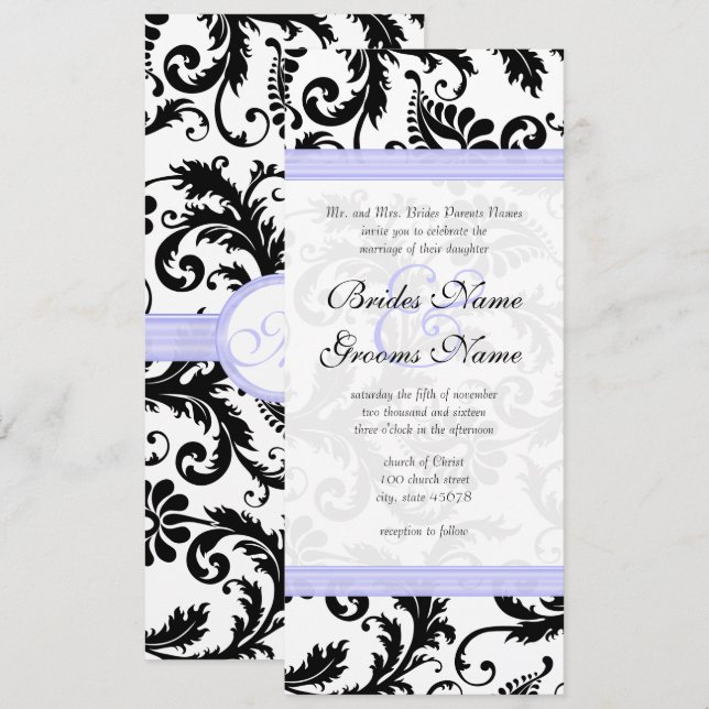 Lilac Trim Black Damask Wirbel Einladung Hochzeit (Vorne/Hinten)