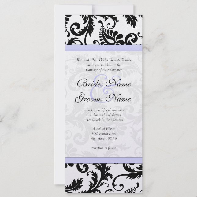 Lilac Trim Black Damask Wirbel Einladung Hochzeit (Vorderseite)