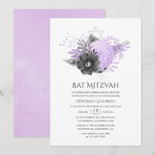 Lilac und Charcoal Floral Bat Mitzvah Einladung