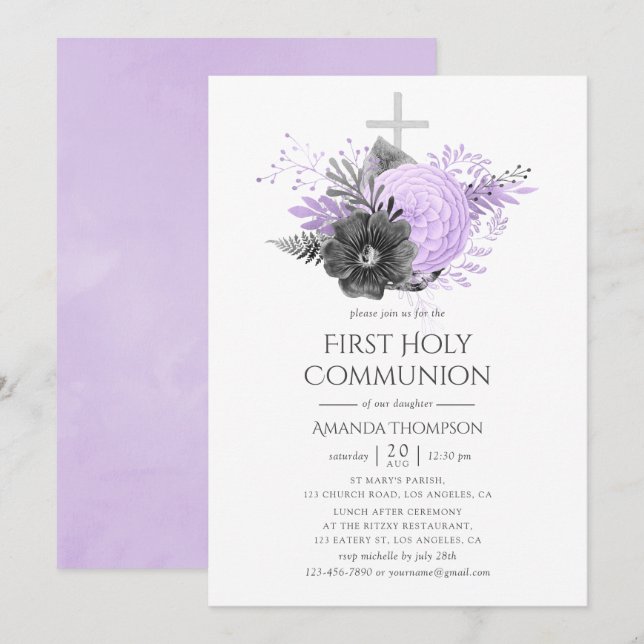Lilac und Charcoal Floral Erste Heilige Kommune Einladung (Vorne/Hinten)