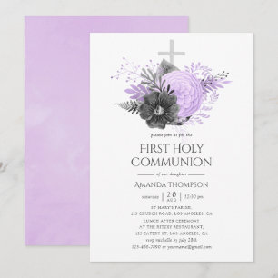 Lilac und Charcoal Floral Erste Heilige Kommune Einladung