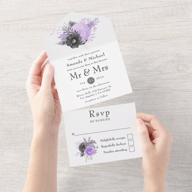 Lilac und Charcoal Floral Wedding All In One Einladung (Abreißen)