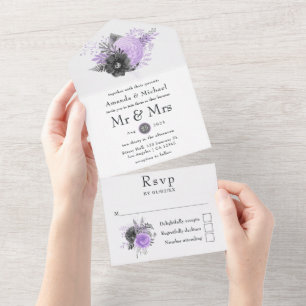 Lilac und Charcoal Floral Wedding All In One Einladung