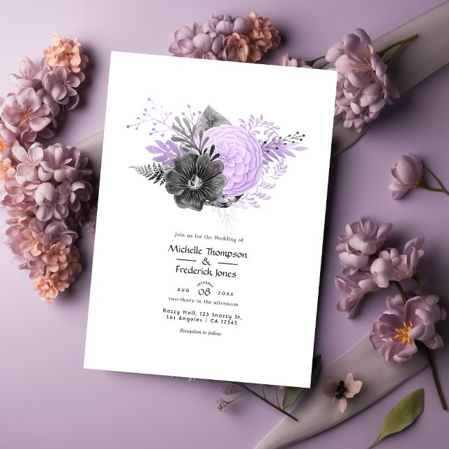 Lilac und Charcoal Floral Wedding Einladung (Von Creator hochgeladen)