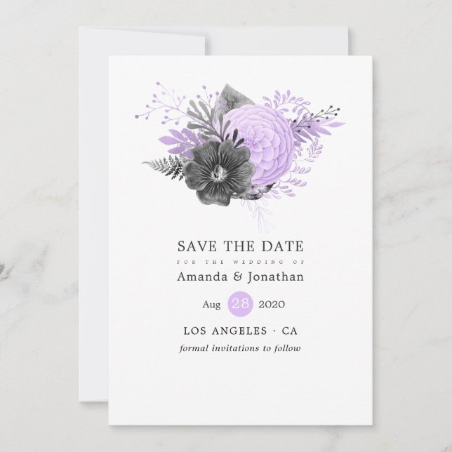 Lilac und Charcoal Floral Wedding Save The Date (Vorderseite)