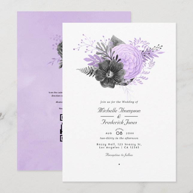 Lilac und Charcoal QR Code UAWG Wedding Einladung (Vorne/Hinten)