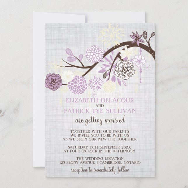 Lilac und Cream Blume Rustikale Hochzeit Einladung (Vorderseite)