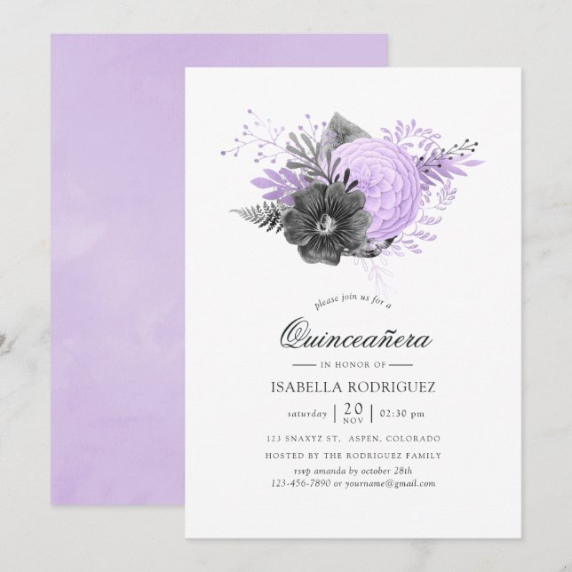 Lilac und die Wasserfarbenflora Quinceañera Einladung (Vorne/Hinten)