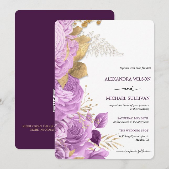 Lilac und Gold Floral Elegante Hochzeit Einladung (Vorne/Hinten)