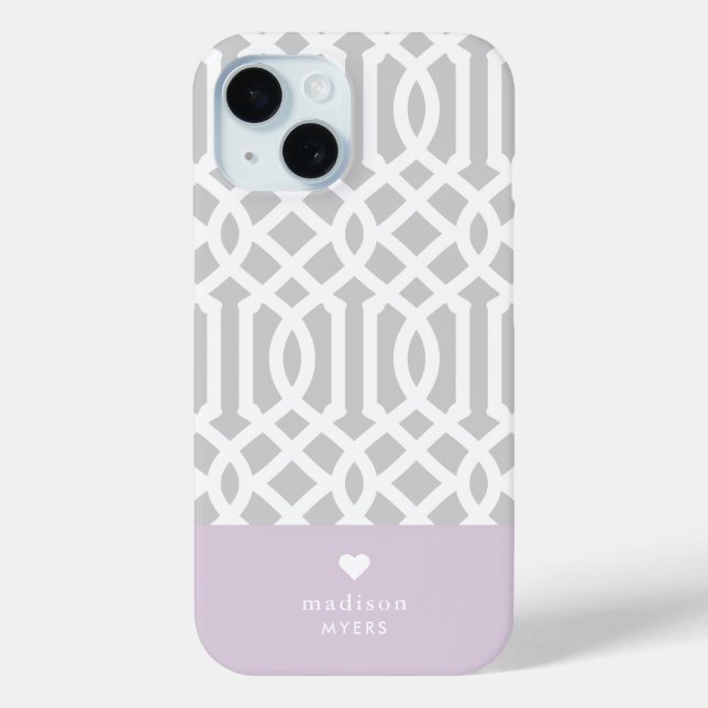 Lilac und Gray Trellis Heart Monogram Case-Mate iPhone Hülle (Rückseite)