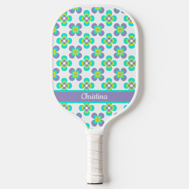 Lilac- und Green-Retro-Blumenmuster Pickleball Schläger (Vorderseite)