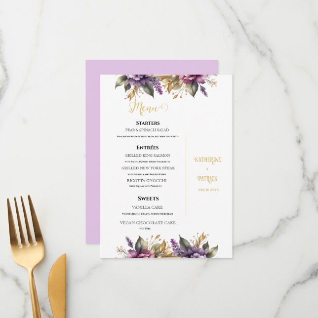 Lilac und Lavender Vineyard Wedding Menükarte (Vorderseite/Rückseite Beispiel)