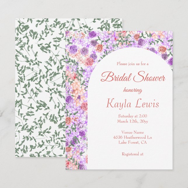 Lilac- und Peach-Rose, Arch-Brautparty Einladung (Vorne/Hinten)