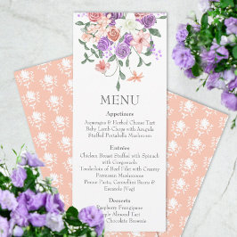 Lilac und Peach Rose Bouquet Dinner Menu Einladung