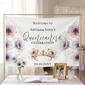 Lilac Watercolor Anemone Gold Tiara Quinceanera Banner