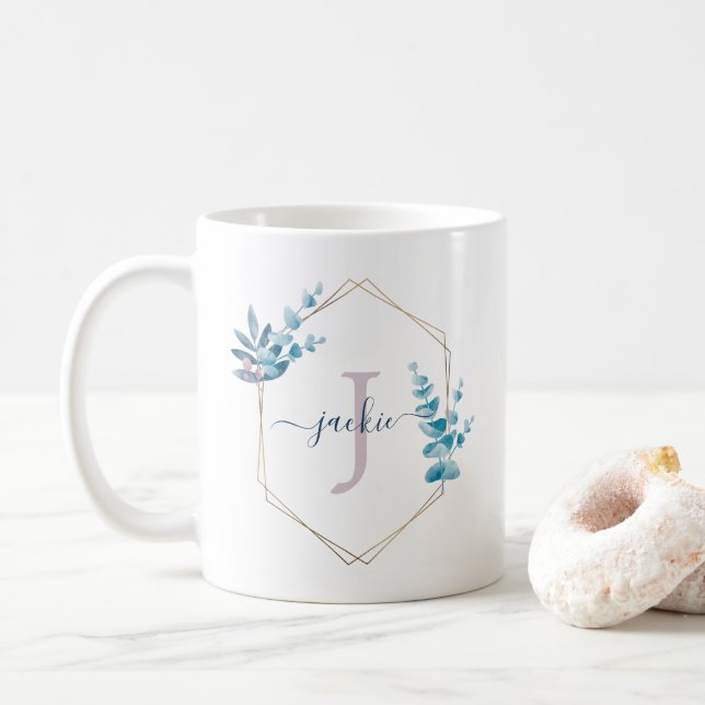 Lilac Watercolor Eucalyptus Wreath Monogramm Kaffeetasse (Mit Donut)