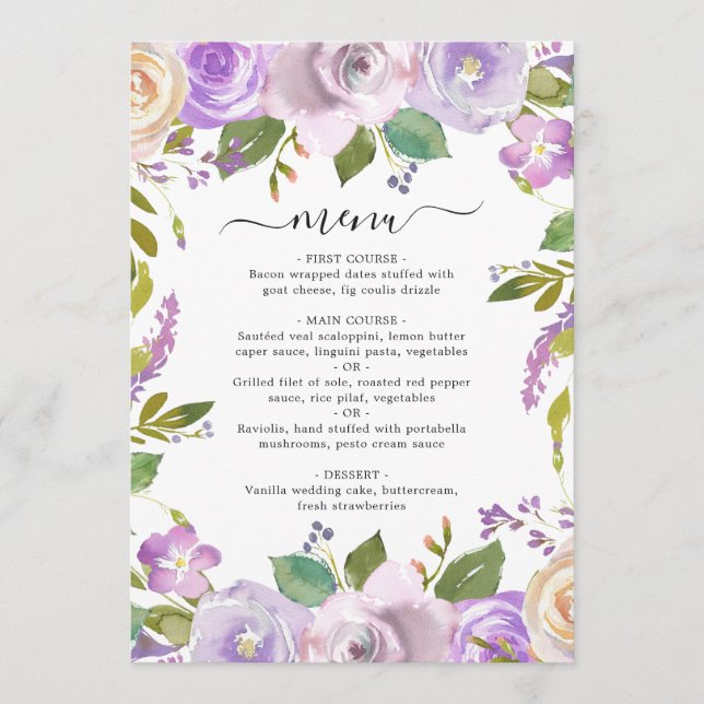 Lilac Watercolor Floral Elegante Hochzeit Menükarte (Vorderseite)
