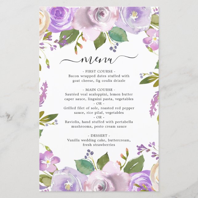 Lilac Watercolor Floral Elegantes Hochzeitmenü (Vorderseite)