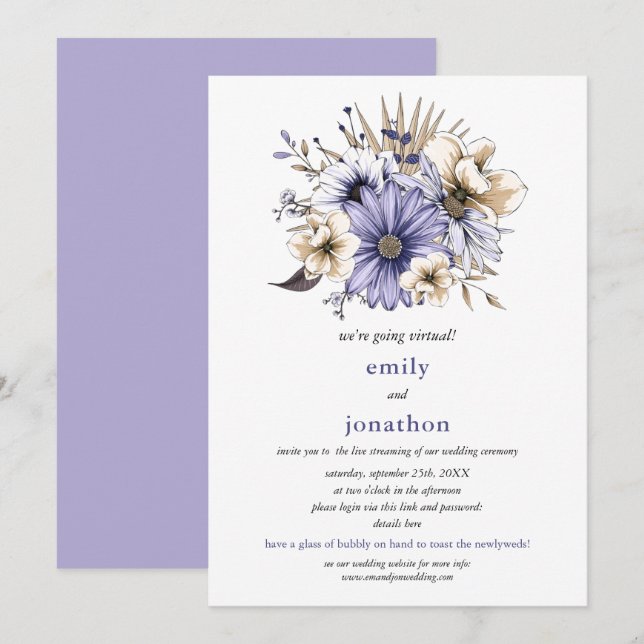 Lilac Watercolor floral Foliage Virtual Wedding Einladung (Vorne/Hinten)