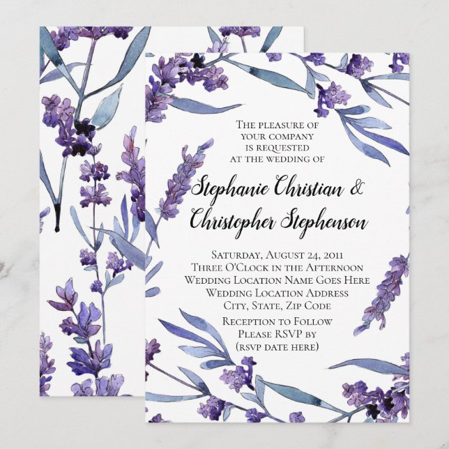 Lilac Watercolor Hochzeit bei schöner Aussicht Einladung (Vorne/Hinten)