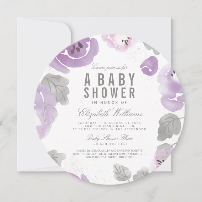 Lilac Watercolor Rose Kinderdusche Einladung (Vorderseite)