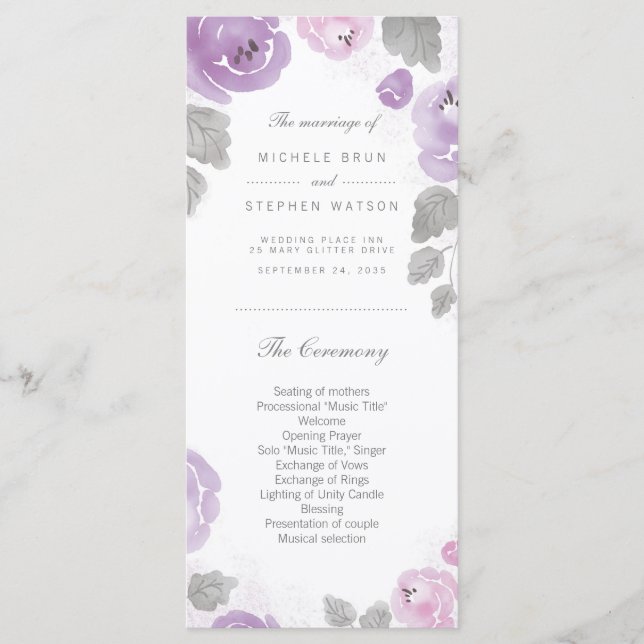 Lilac Watercolor Roses Programme de mariage Cartes (Devant)