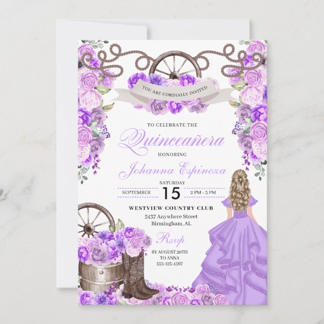 Lilac Western Cowgirl Boots Ranchero Quinceanera Einladung (Vorderseite)