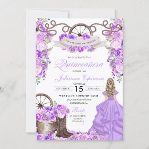 Lilac Western Cowgirl Boots Ranchero Quinceanera Einladung