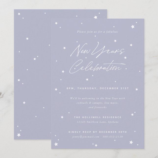 Lilac+White Script Scattered Stars New Year Party Einladung (Vorne/Hinten)