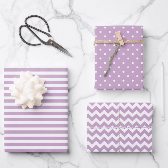 Lilac & White Stripes Polka Dot Zickzack Muster Geschenkpapier Set (Vorderseite)