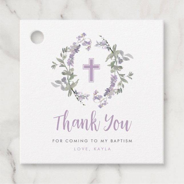 Lilac Wild Blume Wreath & Cross Taufe Vielen Dank Geschenkanhänger (Vorderseite)