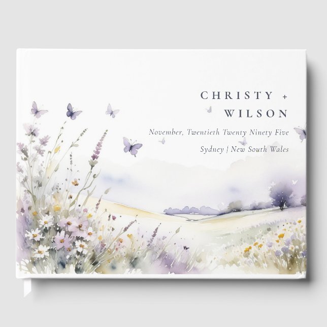 Lilac Wildblume Butterfly Field Landscape Wedding Gästebuch (Vorderseite)