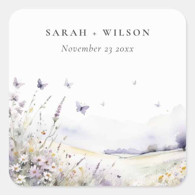 Lilac Wildblume Butterfly Field Landscape Wedding Quadratischer Aufkleber (Vorderseite)
