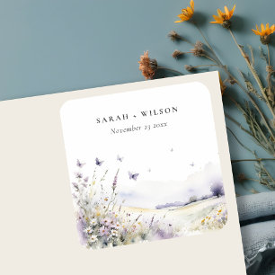 Lilac Wildblume Butterfly Field Landscape Wedding Quadratischer Aufkleber