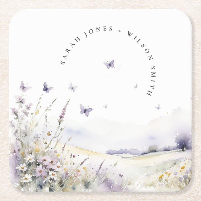 Lilac Wildblume Butterfly Field Landscape Wedding Rechteckiger Pappuntersetzer (Vorderseite)
